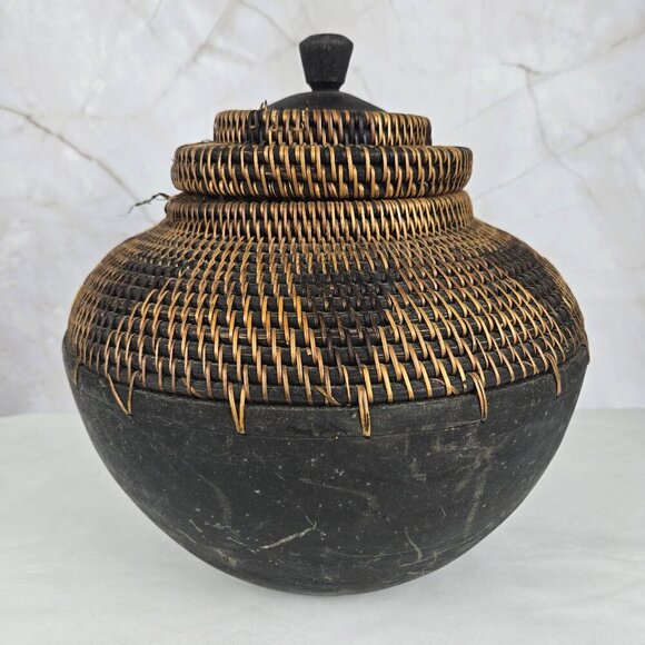Wood and Rattan Vessel with Removable Lid Brown & Black Handmade in Indonesia - Picture 1 of 11